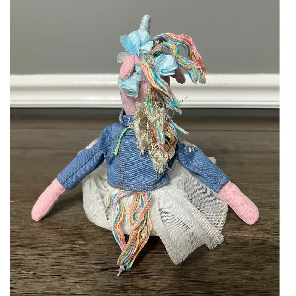 Pottery Barn Kids Sophie Unicorn Plush Ornament Denim Jacket Rainbow Tail 12" - Picture 3 of 5